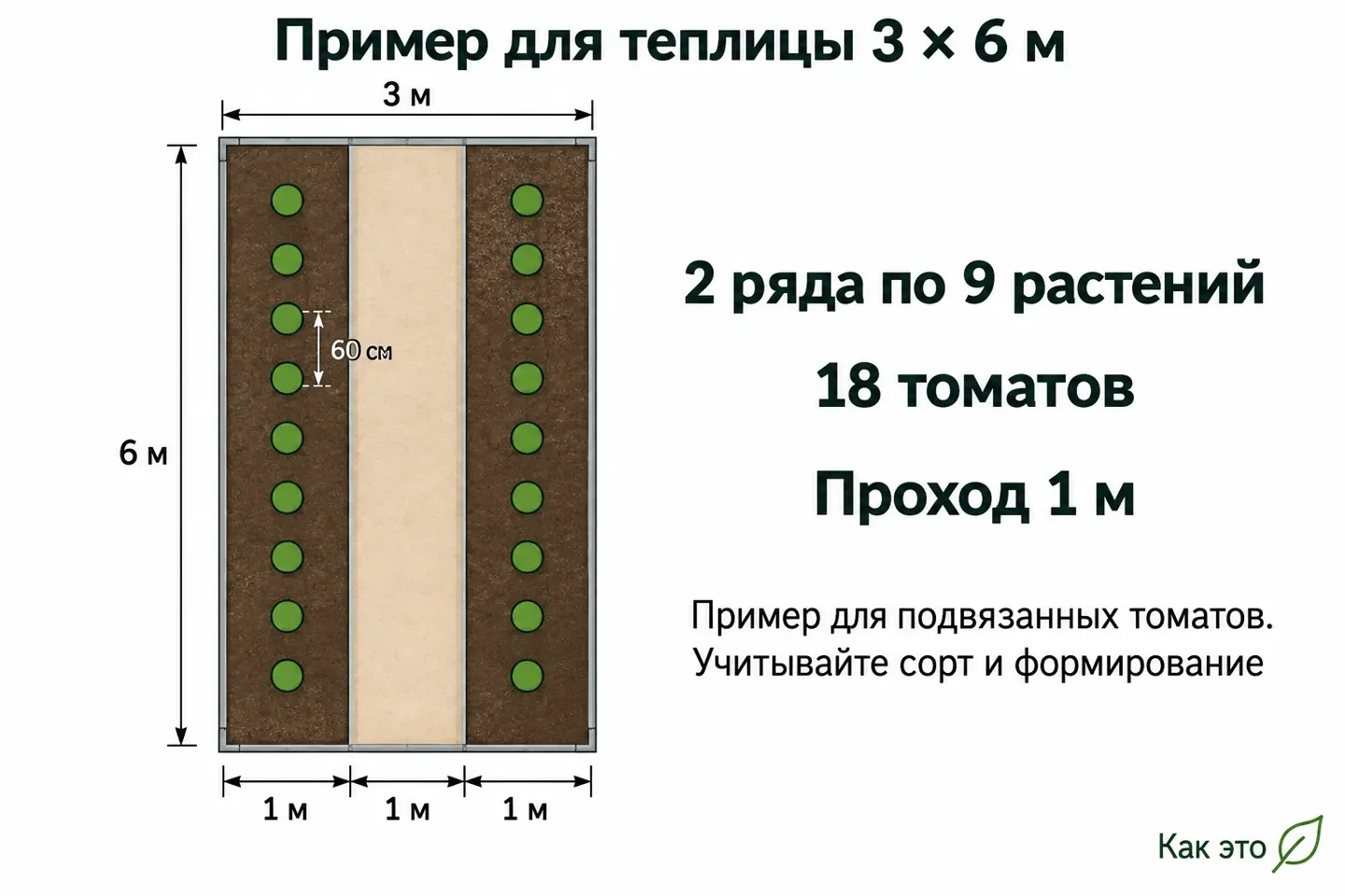 Схема двух рядов томатов в теплице 3 на 6 метров