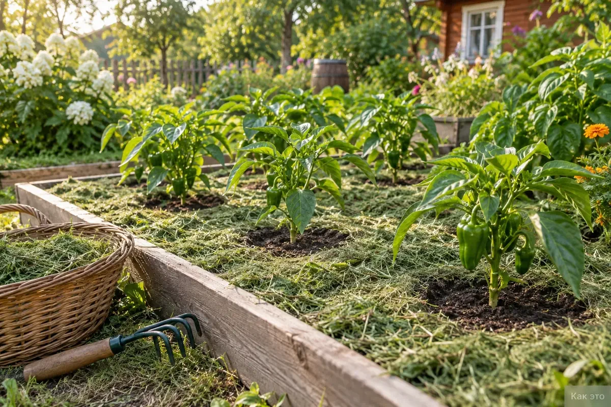 Пример мульчирования грядки скошенной травой