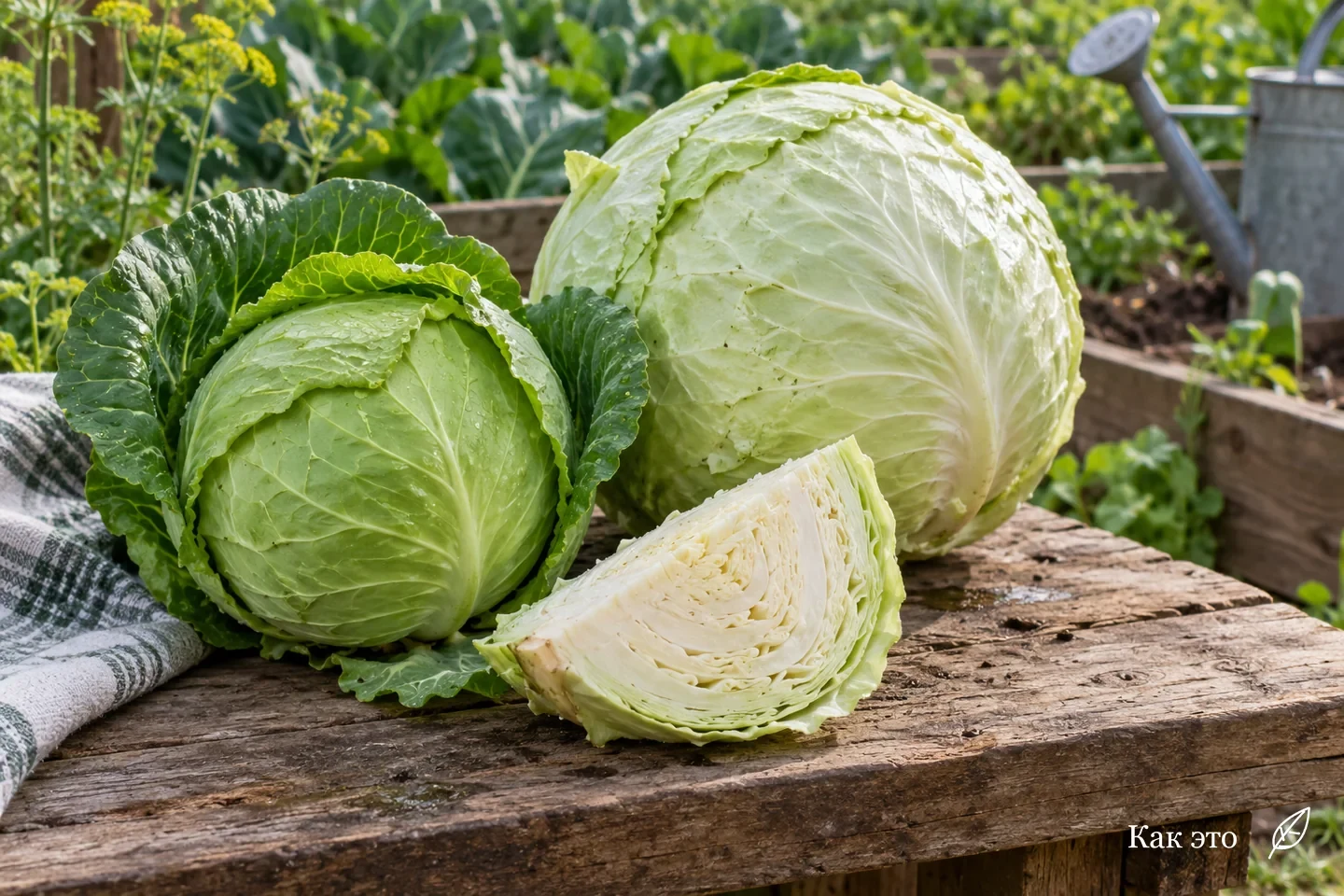 Два целых кочана белокочанной капусты и разрезанный кочан на деревянном столе у грядки