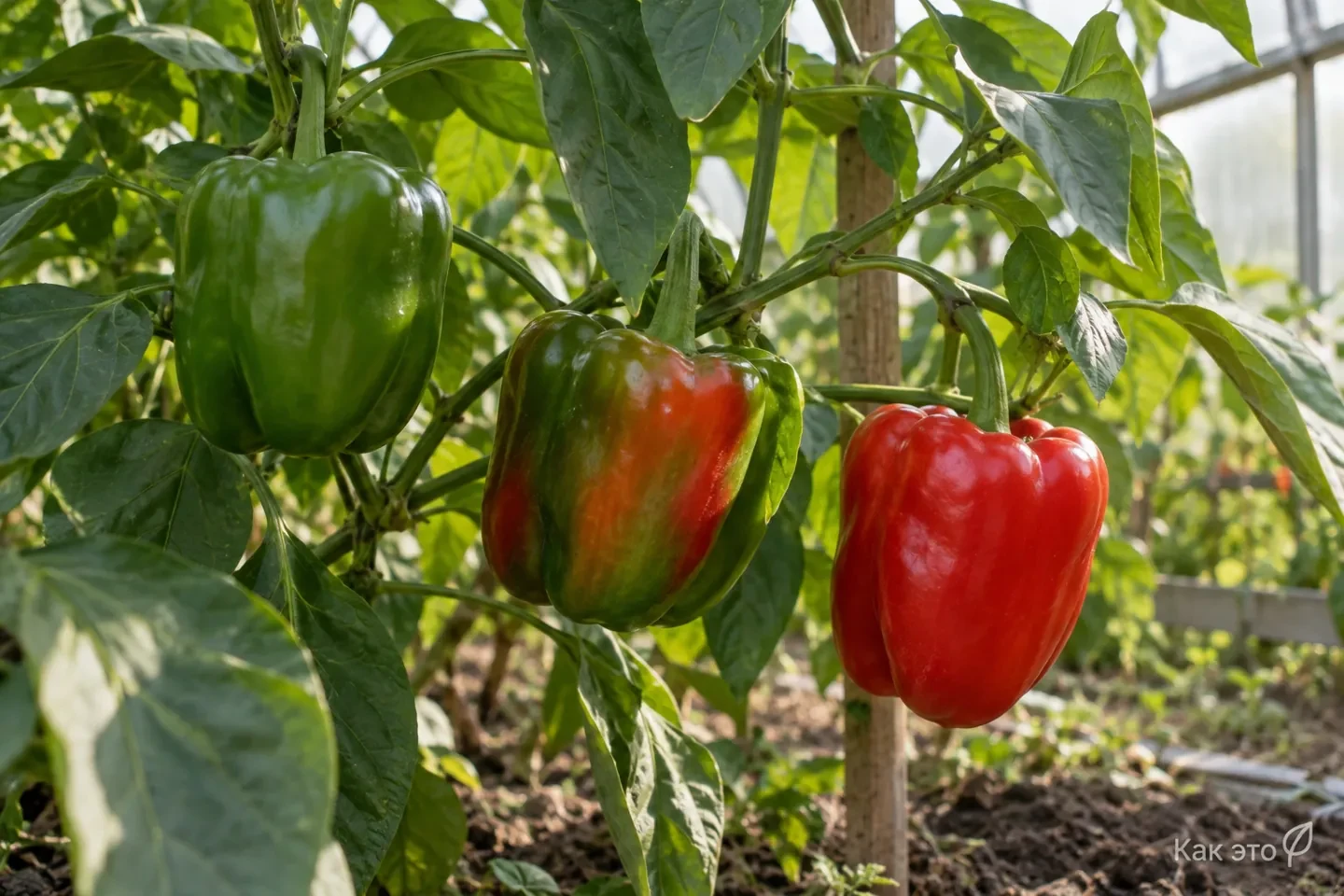 Зелёный, частично покрасневший и красный перцы на кусте