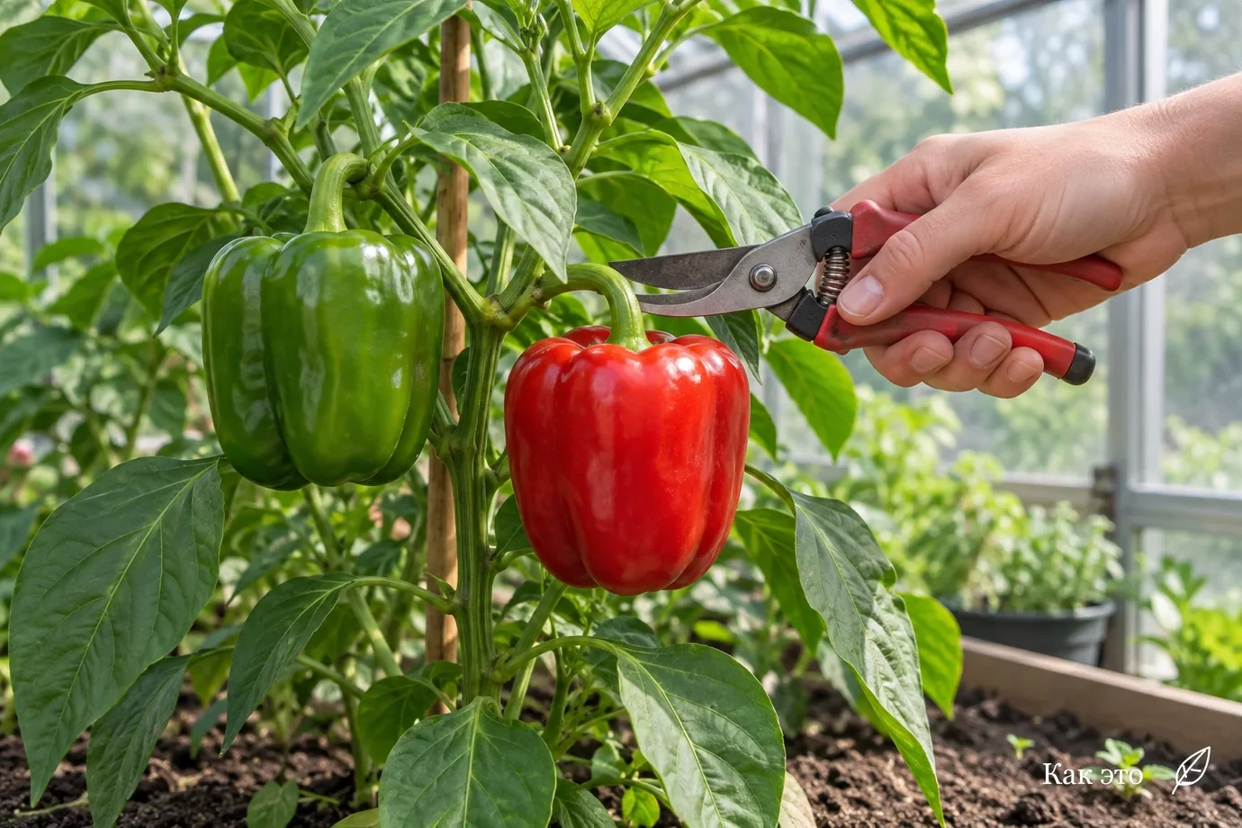 Зелёный и красный сладкий перец на кусте перед сбором