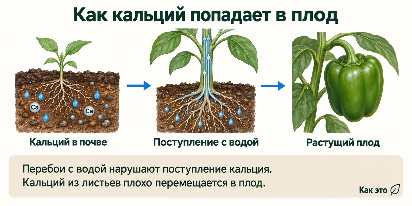 Схема поступления кальция из почвы с водой в растущий плод