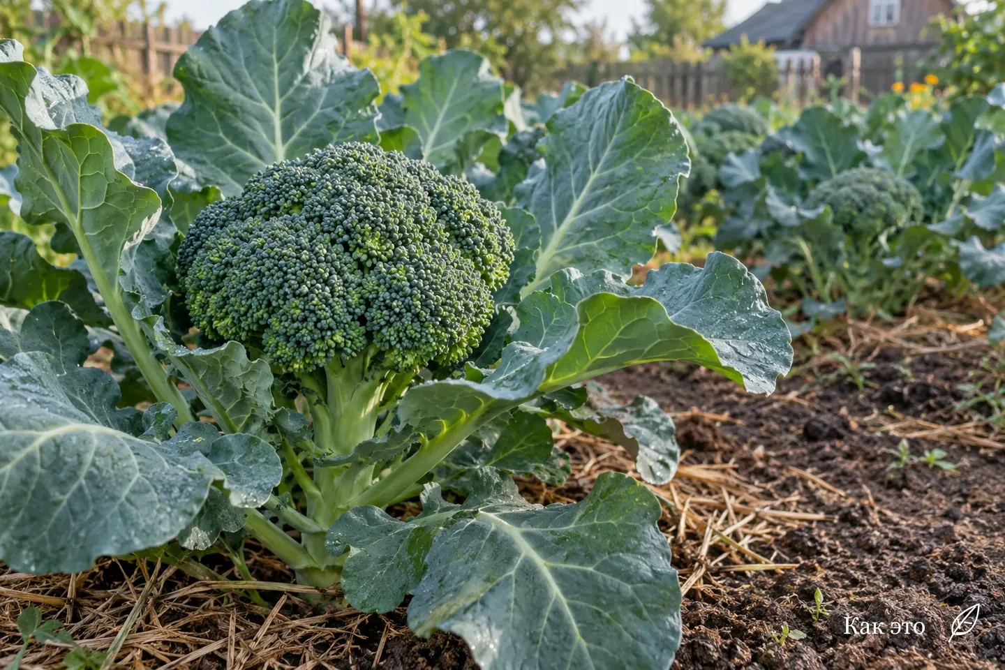 Плотная зелёная головка брокколи с закрытыми бутонами среди листьев на грядке