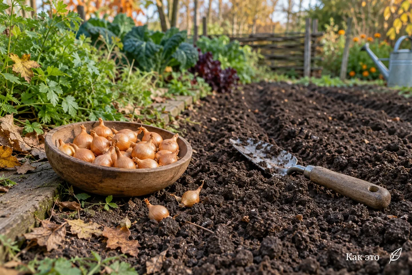 Здоровый лук-севок в деревянной миске рядом с бороздками осенней грядки