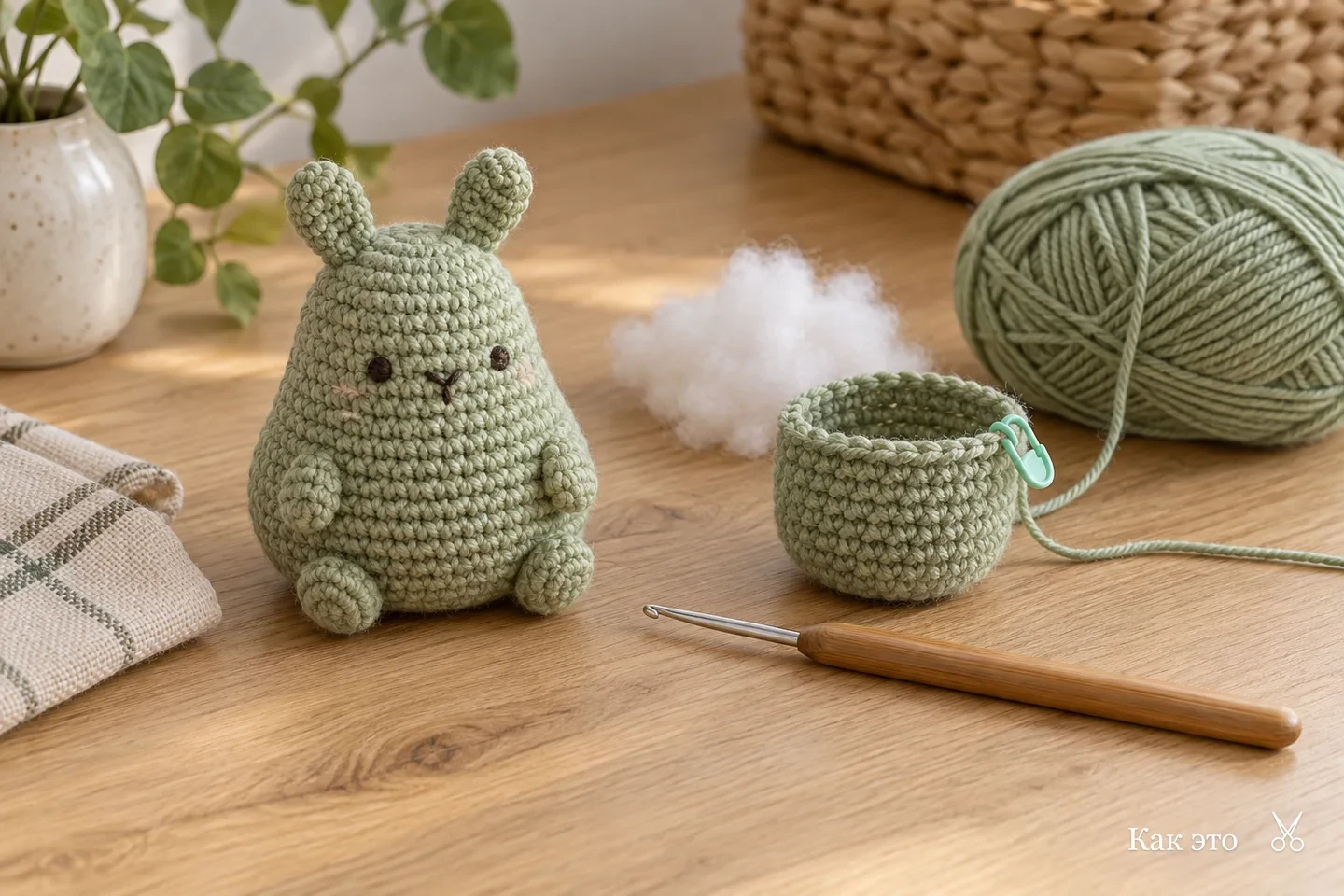 Зелёная вязаная игрушка с вышитой мордочкой, начатая деталь, крючок и наполнитель