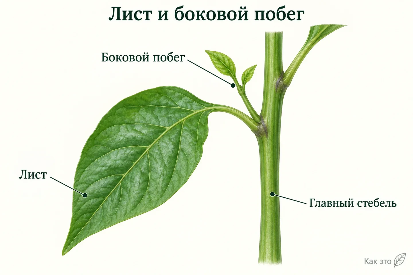 Лист и боковой побег в пазухе листа перца