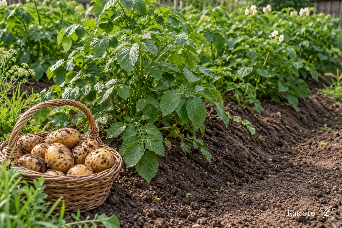 Зелёные кусты картофеля на гребнях и корзина свежевыкопанных клубней