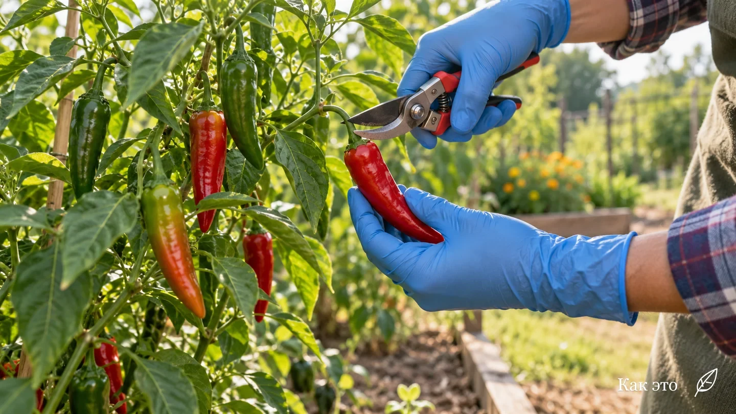 Руки в перчатках срезают красный острый перец секатором